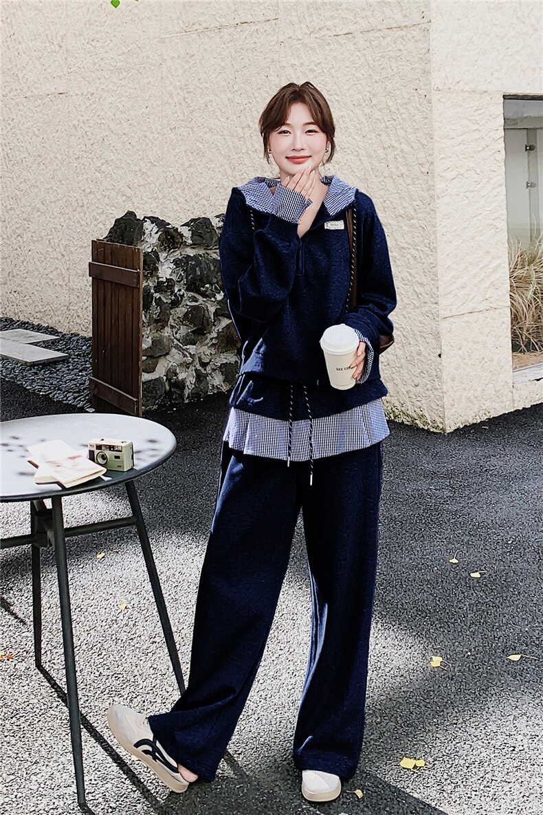 慵懒风假两件连帽卫衣女2025秋季新款休闲运动松弛感阔腿裤两件套,女装套装/套裙,2C326