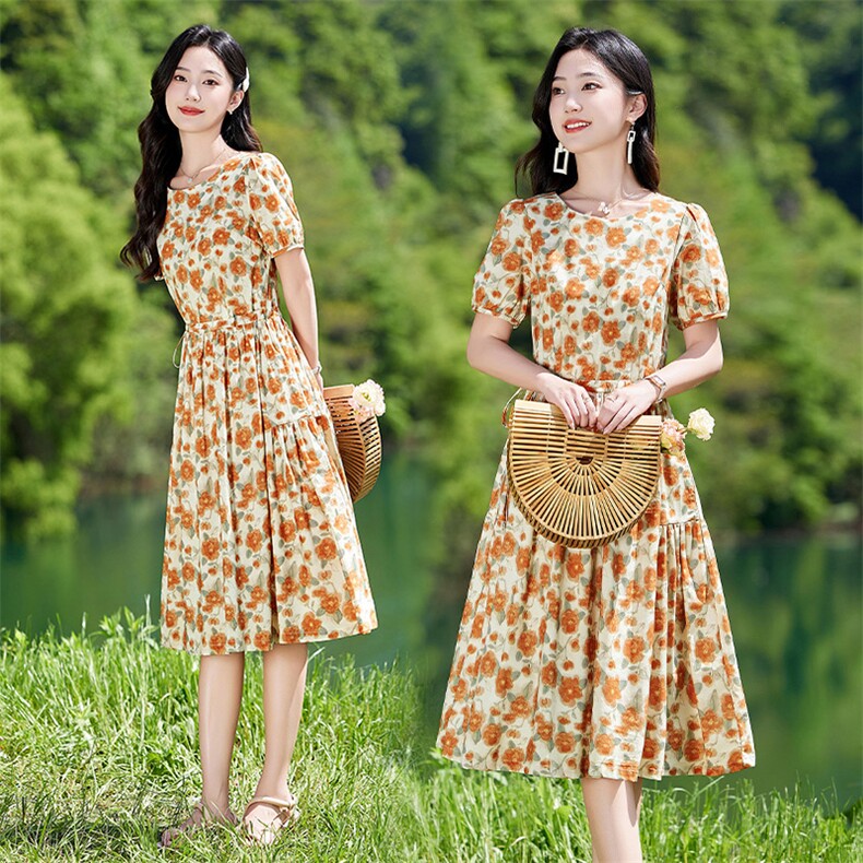 碎花纯棉短袖连衣裙女2026夏季新款小个子收腰显瘦甜美印花a字裙,女装连衣裙,倪叶myz