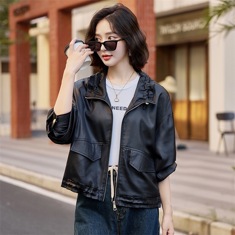 黑色复古仿pu皮夹克宽松休闲飞机服休闲帅气美式外套,女装短外套,梦懿尔