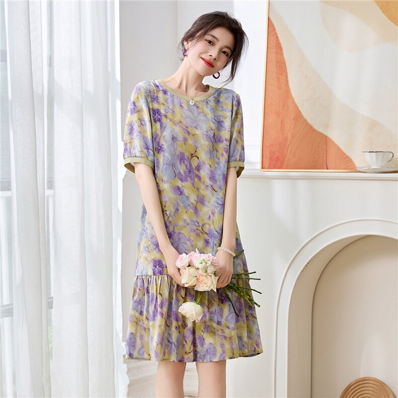 2025夏季新款时尚百搭高端时尚拼接裙年轻印花双绉真丝连衣裙女,女装连衣裙,阿舍尔精品