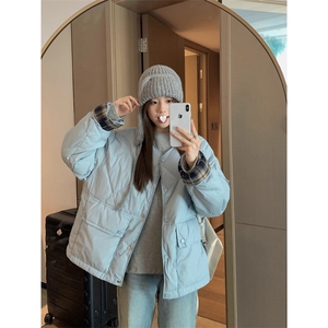 W606-P75 2025韩系圆领棉衣外套女冬季复古格子拼接小个子棉服图片