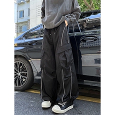 秋款男工装裤大口袋条纹抽绳宽松冲锋长裤h053P55，男装工装外套，星座1013-1