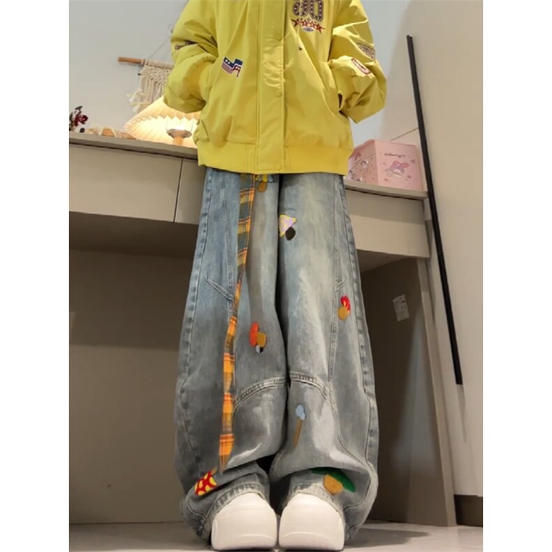 美式高街复古立体刺绣配腰带阔腿牛仔裤男女显瘦直筒弯刀拖地裤潮图片