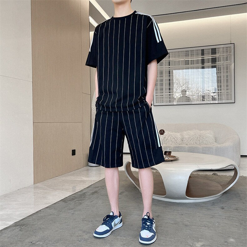套装t恤男夏季薄款条纹款篮球休闲运动短袖短裤男装一套装,男装休闲套装,星座1206（原A206）