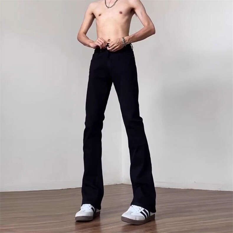 加绒弯刀牛仔裤黑色显瘦微喇裤男生美式vibe风高街修身直筒裤,男装牛仔裤,星座506A