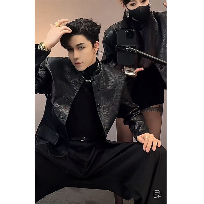 春季新中式男士鳄鱼纹pu皮立领皮夹克西装XZ0089-P125(网图参考,男装夹克,电商B267