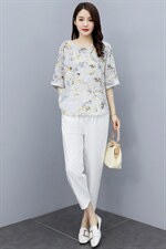 2023夏装新款洋气休闲时尚大码上衣裤两件套宽松阔腿裤棉麻套装女，女装套装/套裙，凝聚力