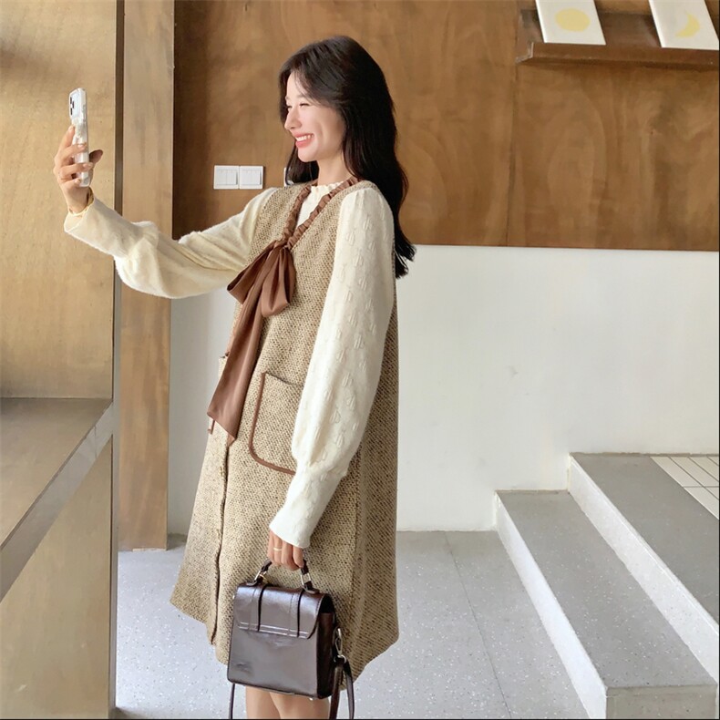 法式小香风连衣裙打底衫两件套女2025冬季新款韩版超好看显瘦套装,女装套装/套裙,2C117