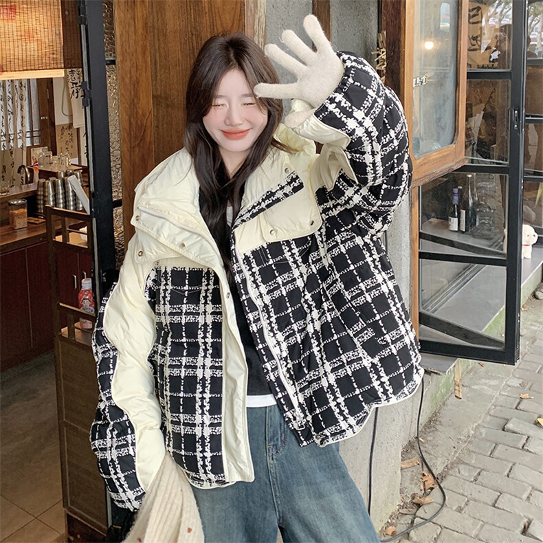 时尚黑白格子拼接连帽加厚短款羽绒服女2024冬新款学院风显瘦外套,女装羽绒服,橙子家