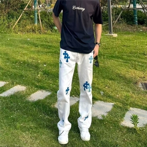 美式复古高街刺绣贴皮十字架牛仔裤男女水洗宽松直筒裤NK933-P55图片