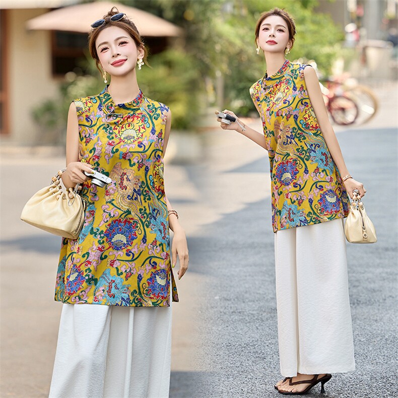 （现货）新中式印花盘扣衬衫女2025夏季新款气质无袖中长款上衣，女装衬衫，恋慕依尚