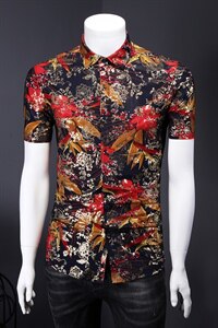 2021花衬衫大码衬衣沙滩涤棉衫弹力短袖9894P40M-7XL码 假模图图片