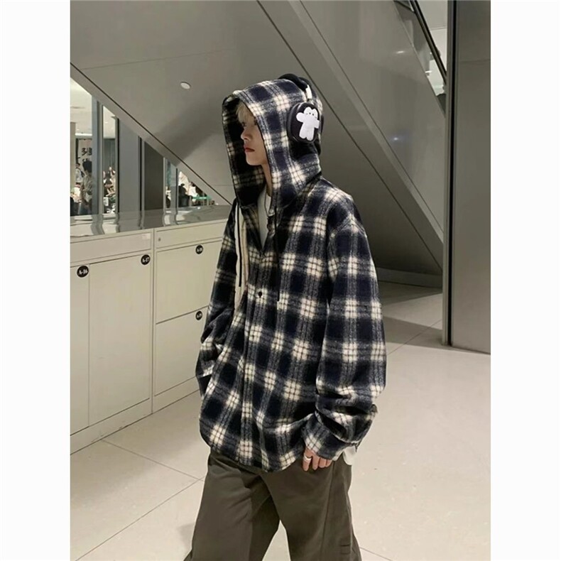 C144-P36韩版黑蓝格子连帽衬衫磨毛男女春秋季港风小众,男装衬衫,电商B323A