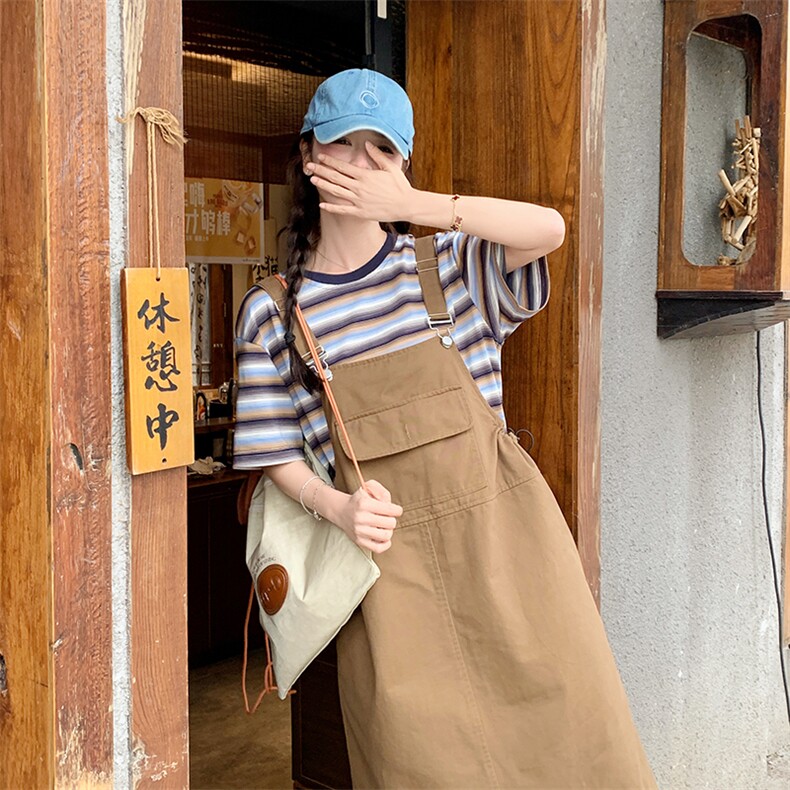 休闲工装背带连衣裙套装女2025夏季新款学院风减龄条纹t恤两件套,女装套装/套裙,浙宝276（原081）