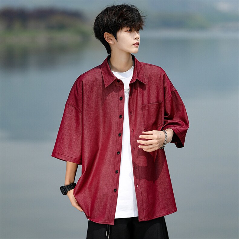 8XL-M冰丝牛仔短袖衬衫男款夏季薄款宽松慵懒衬衣外套DC28006P60,男装T恤,电商B312