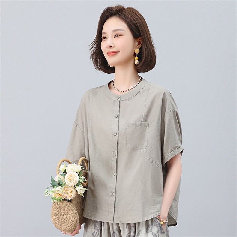 纯棉短袖衬衫女夏季2025年新款中年妈妈宽松休闲简约圆领衬衣上衣,女装衬衫,叶笙衣