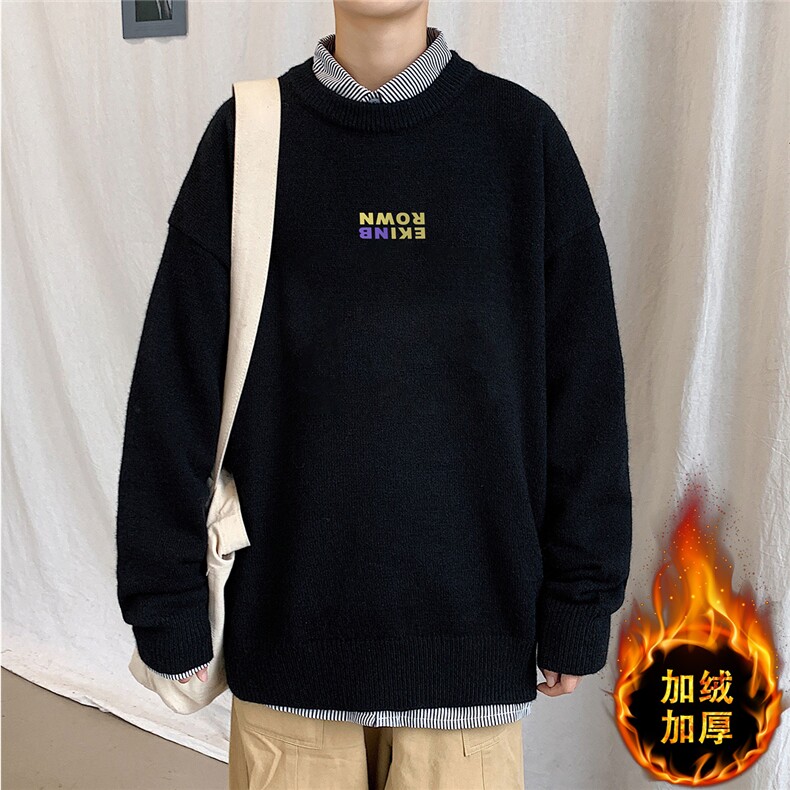 1港风圆领中性情侣潮流大码M-5XL印花毛衣男外套7732P48加绒P55图片