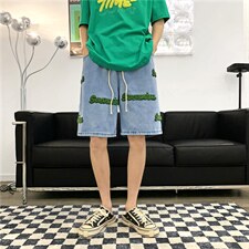ins植绒刺绣牛仔短裤男潮牌水洗美式街头宽松直筒五分裤6602-p38，男装牛仔裤，星座1008-1