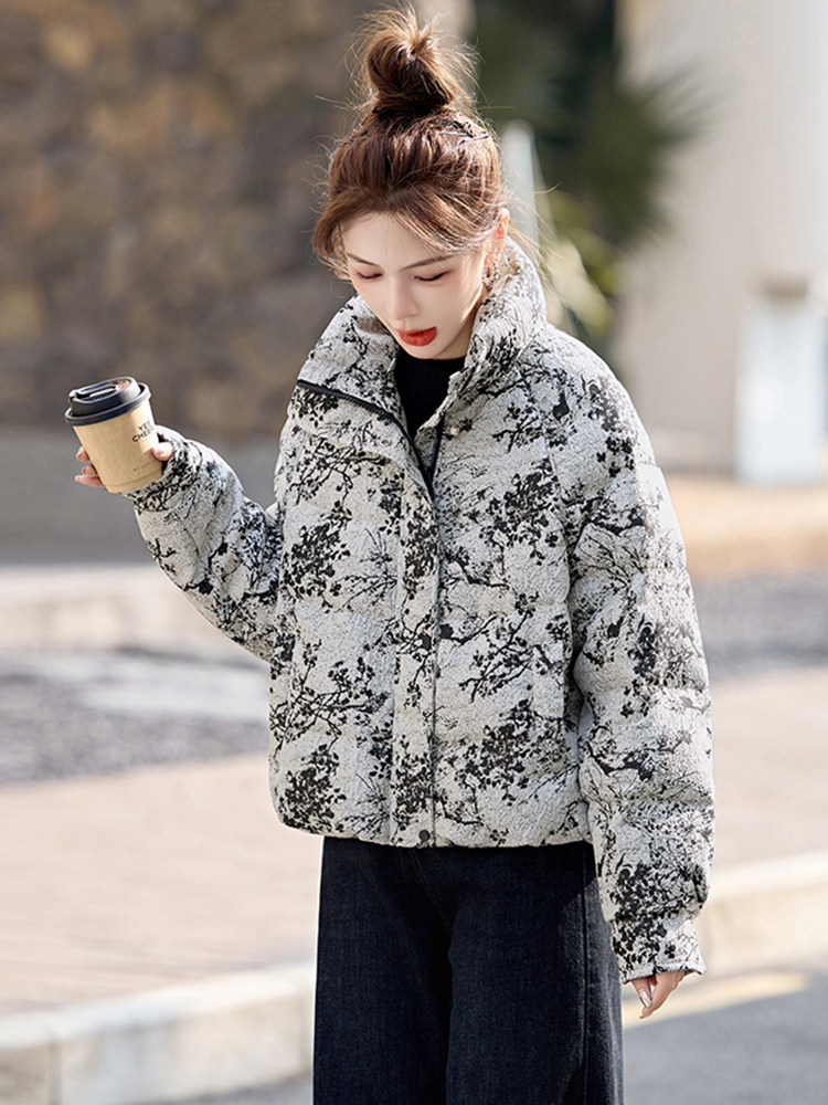 短款羽绒服女2025冬季新款小个子超好看新中式复古印花立领面包服,女装羽绒服,半夏