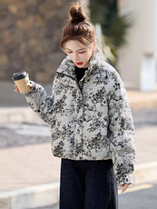 短款羽绒服女2025冬季新款小个子超好看新中式复古印花立领面包服，女装羽绒服，半夏