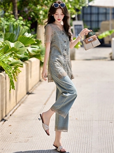 衫蕾丝拼接牛仔2件套女2026夏新显瘦蕾丝牛仔衬衫阔腿裤时尚套装图片
