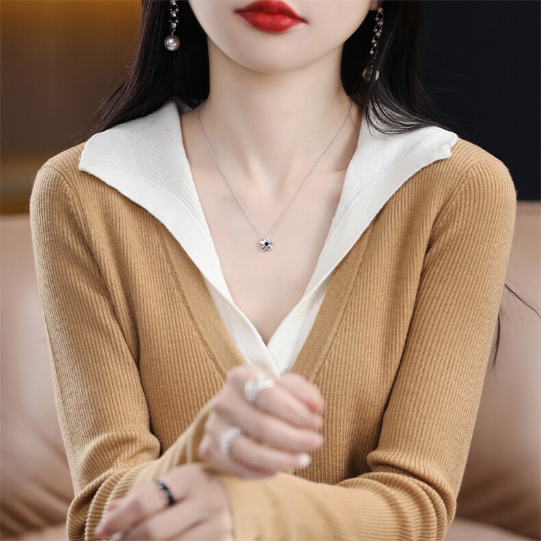 法式减龄假两件长袖针织开衫女修身显瘦撞色毛衣精纺柔软上衣春秋,女装羊毛衫,片语羊绒