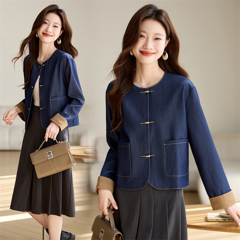 新中式拼色仿牛仔外套女2025春秋款气质优雅圆领短款上衣，女装短外套，时尚风爆