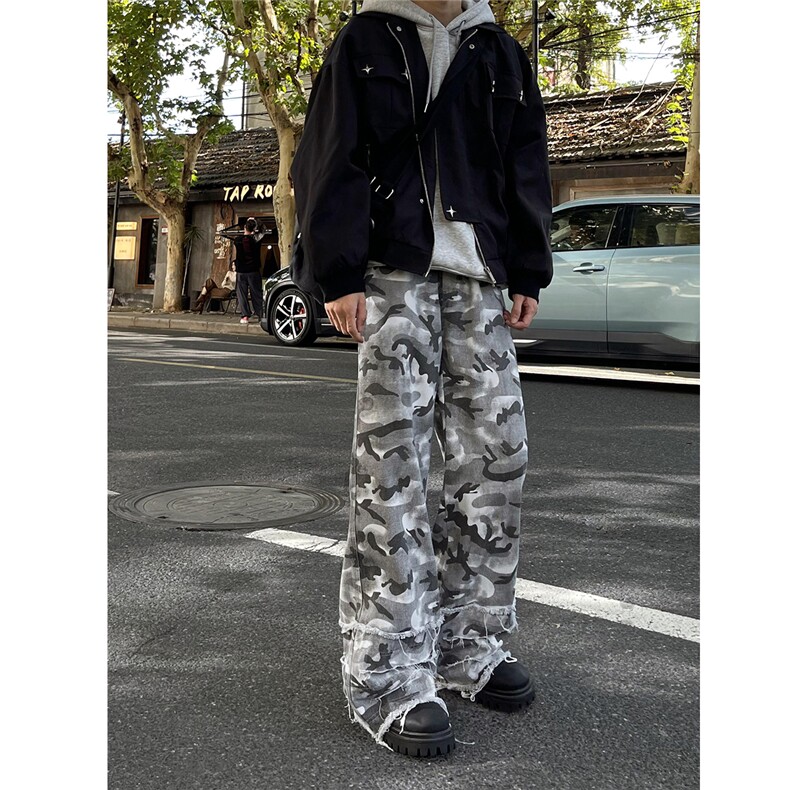 现货~黑白迷彩裤微喇毛边堆叠感工装休闲裤5XZ502-K771-P55控79，男装工装外套，星座502