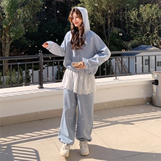 现货--蕾丝边拼接蓝色卫衣运动套装女春秋2025新款两件套，女装套装/套裙，浙宝203