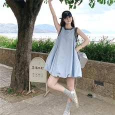 【现货】2026夏季蓝色减龄无袖撞色显瘦花苞连衣裙P135-K200，女装连衣裙，网红馆