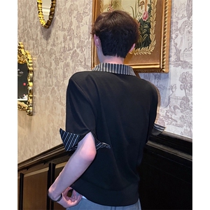 得物抖音高品质二开 夏季美式潮牌假两件条纹衬衫翻领高街短袖T恤图片