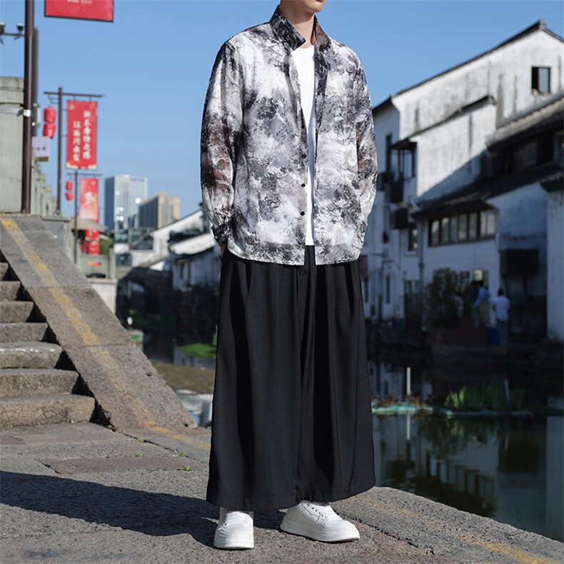 新中式防晒服小众欧根纱提花流苏大理纹轻薄透气半透明盘扣衬衫,男装衬衫,星座305A（原312A-1）