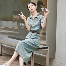 复古牛仔连衣裙女2024夏季新款休闲时尚收腰显瘦薄款衬衫连身裙子，女装连衣裙，瑶迪依秀
