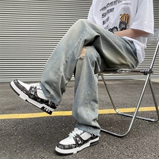 破洞牛仔裤男韩版潮流高街帅气2023春夏季ins宽松直筒裤RK103-P40，男装牛仔裤，星座412-2