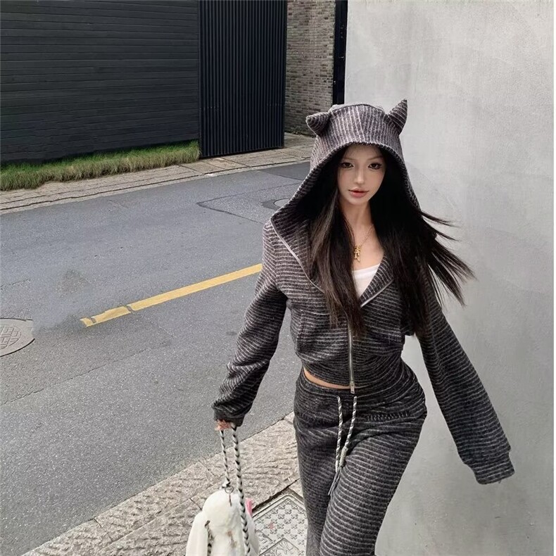 休闲运动套装女2025春季韩版慵懒风灰色连帽卫衣外套阔腿裤两件套,男装休闲套装,星座1210-1
