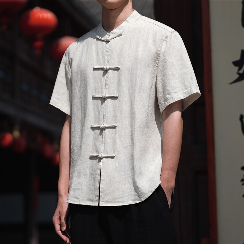 纯亚麻夏季薄款宽松短袖上衣风复古唐装盘扣衬衫男CS07,男装T恤,星座704A（原B229A）