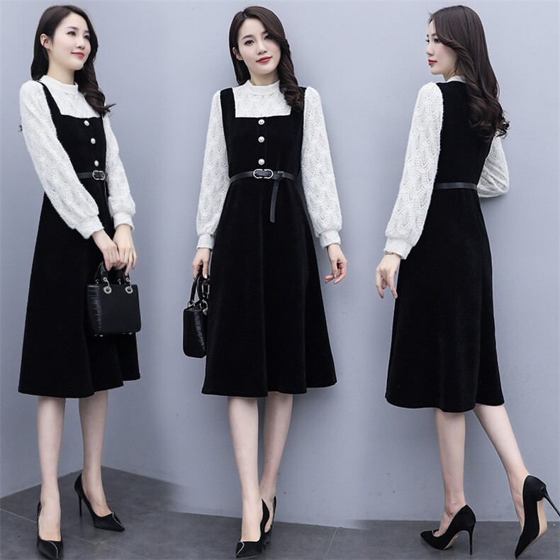 2021春季新款简约潮流时尚个性蕾丝拼接假两件套修身收腰连衣裙，女装连衣裙，瑶迪依秀