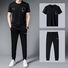 休闲运动套装男夏季新款冰丝免烫短袖t恤中老年爸爸装三件套，男装休闲套装，电商B212（原钱塘6029）