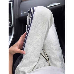 三条杠卫裤男秋季重磅直筒条纹裤子美式休闲运动微喇叭裤 KZ32图片