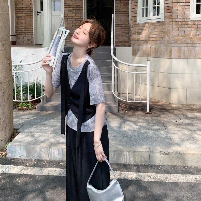 时尚设计感假两件上衣阔腿裤套装女夏2025新款洋气减龄显瘦两件套,女装套装/套裙,2C177
