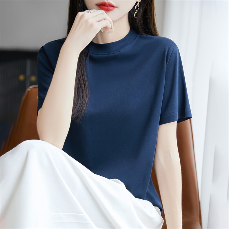 夏季新款简约半高领短袖女宽松百搭显瘦时尚休闲上衣,女装T恤,羊秋羊绒