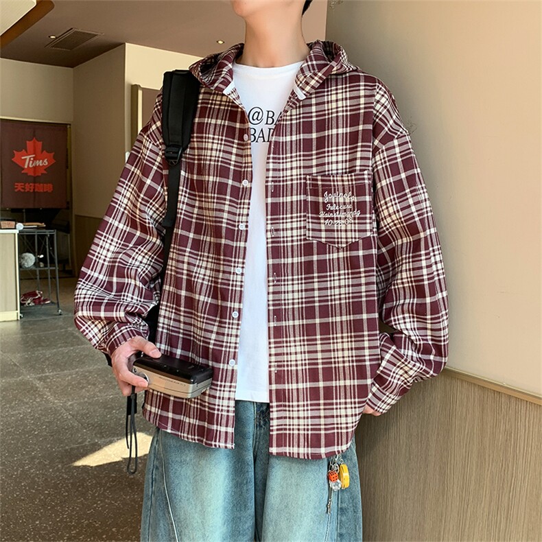 美式复古高级感连帽格子衬衫外套百搭情侣XZ102B-1CS291P58,男装衬衫,星座102B-1