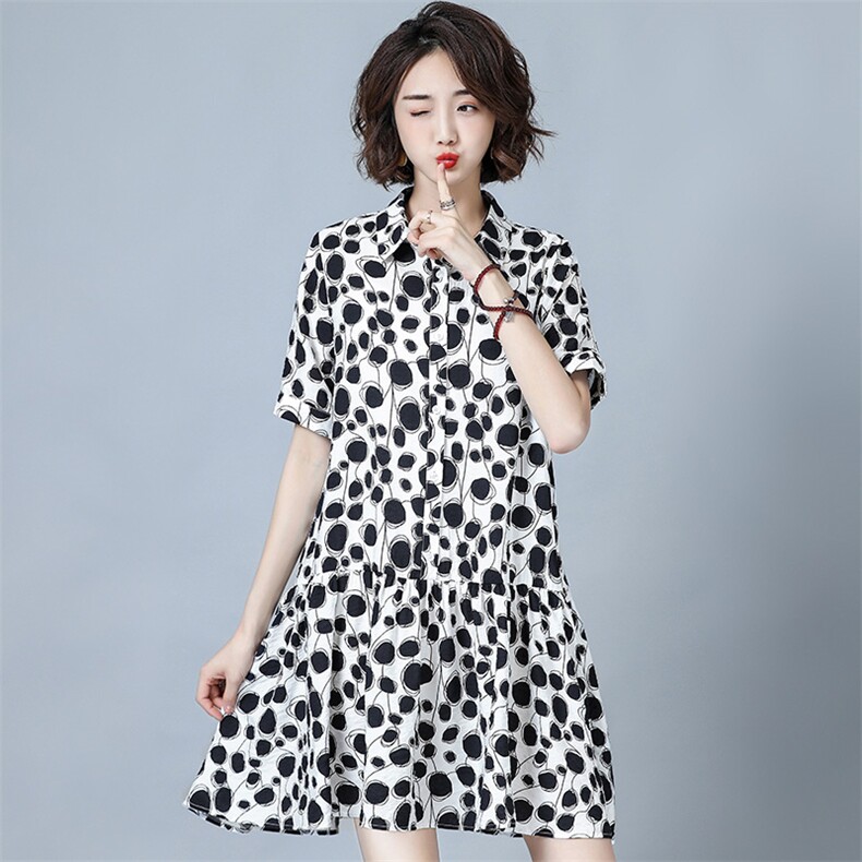 中长款时尚潮流舒适连衣裙2025年夏季圆点短袖衬衣简约优雅,女装连衣裙,风姿绰