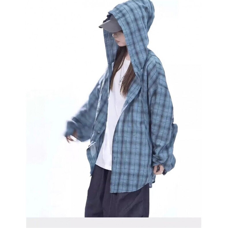 夏季美式格纹防晒连帽男女慵懒风防晒衬衣情侣长袖薄外套C1000p38图片