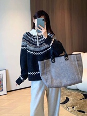 2024冬季新款羊毛衫费尔岛提花半拉链加厚保暖毛衣女英伦风，女装针织衫/毛衣，雪真羊绒