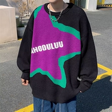 港风情侣街头嘻哈拼色星星提花圆领针织衫男潮牌宽松休闲百搭毛衣，男装针织衫/毛衣，四季星座218-1