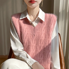 25秋冬新款V领复古羊毛针织坎肩女宽松大码背心马夹纯色提花马甲，女装马甲，吉高羊绒