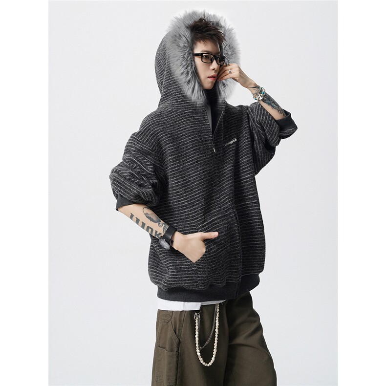 条纹毛领连帽78%晴纶19%锦纶3%氨纶S-XL开衫卫衣WY78133特P78控，男装卫衣，星座227-7