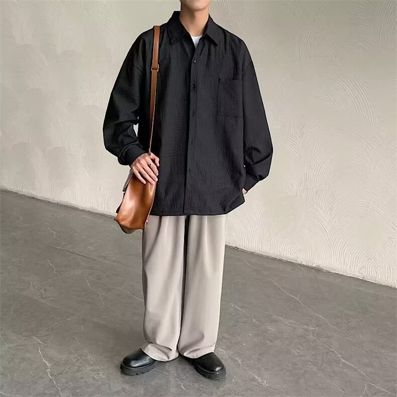 长袖衬衫男高级感港风日系外套黑色衬C636-P40,男装衬衫,星座1109-3
