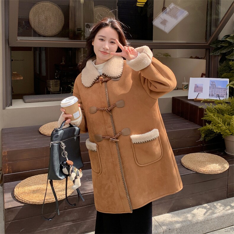 中长款皮毛一体外套女小个子2024冬新款甜美设计感翻领羊羔毛大衣,女装毛呢外套,帛香坊